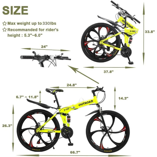 21-Speed Folding Mountain Bike, High Carbon Steel, Adult, 26-inch Durable Tires