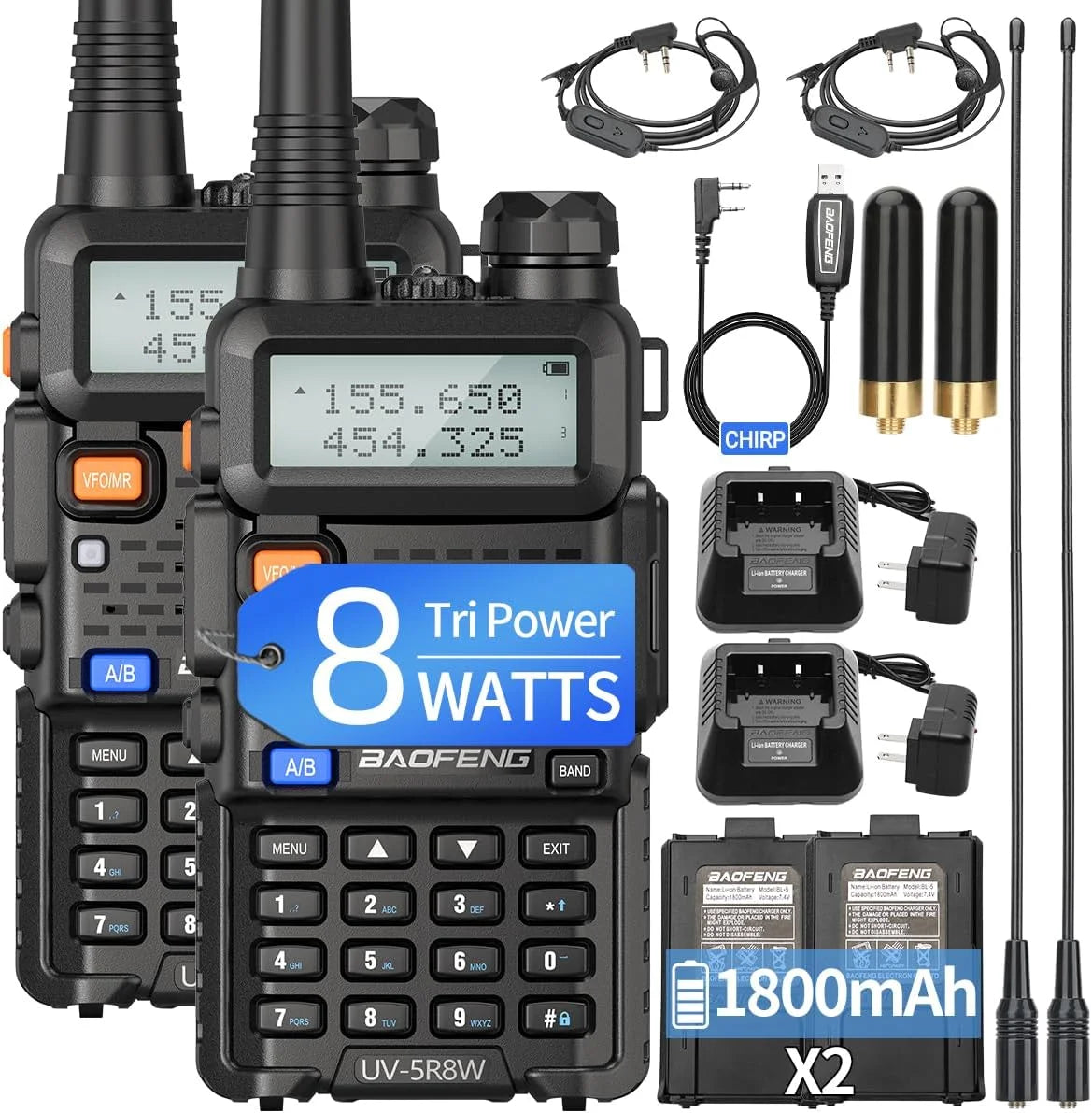 Dual Band UV-5R 8W Walkie Talkie Ham Radio VHF UHF Portable FM
