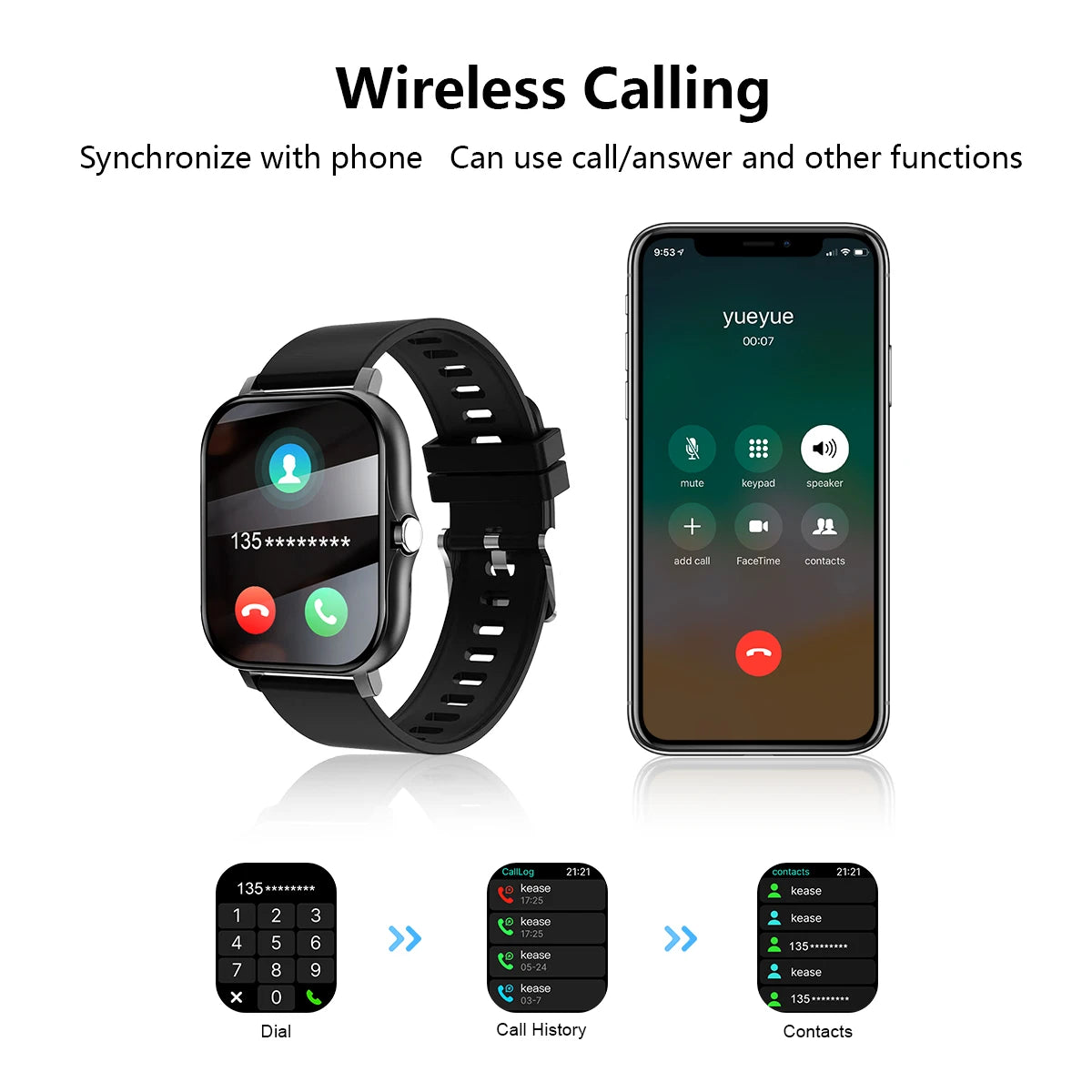 Fitness monitoring Smart watch for iPhone/Android with wireless calling