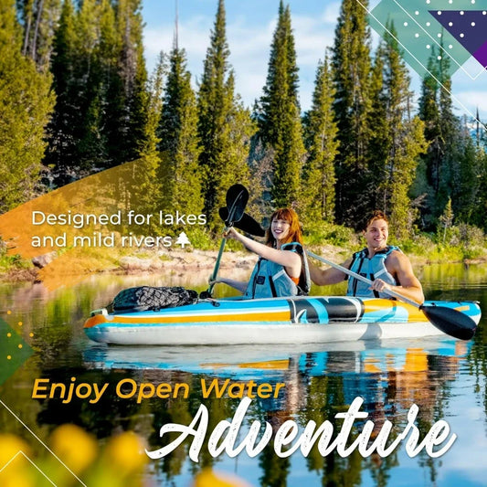 2-Person Inflatable Kayak with Aluminum Oars (136" x 33"), High Output Air Pump and Storage Bag, Tandem Kayak for Adults