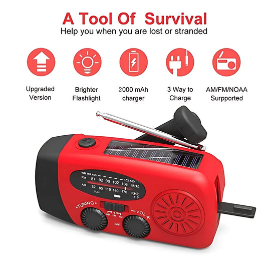 Solar Power Hand Crank FM AM Mergency Radio with LED Flashlight & SOS Alarm