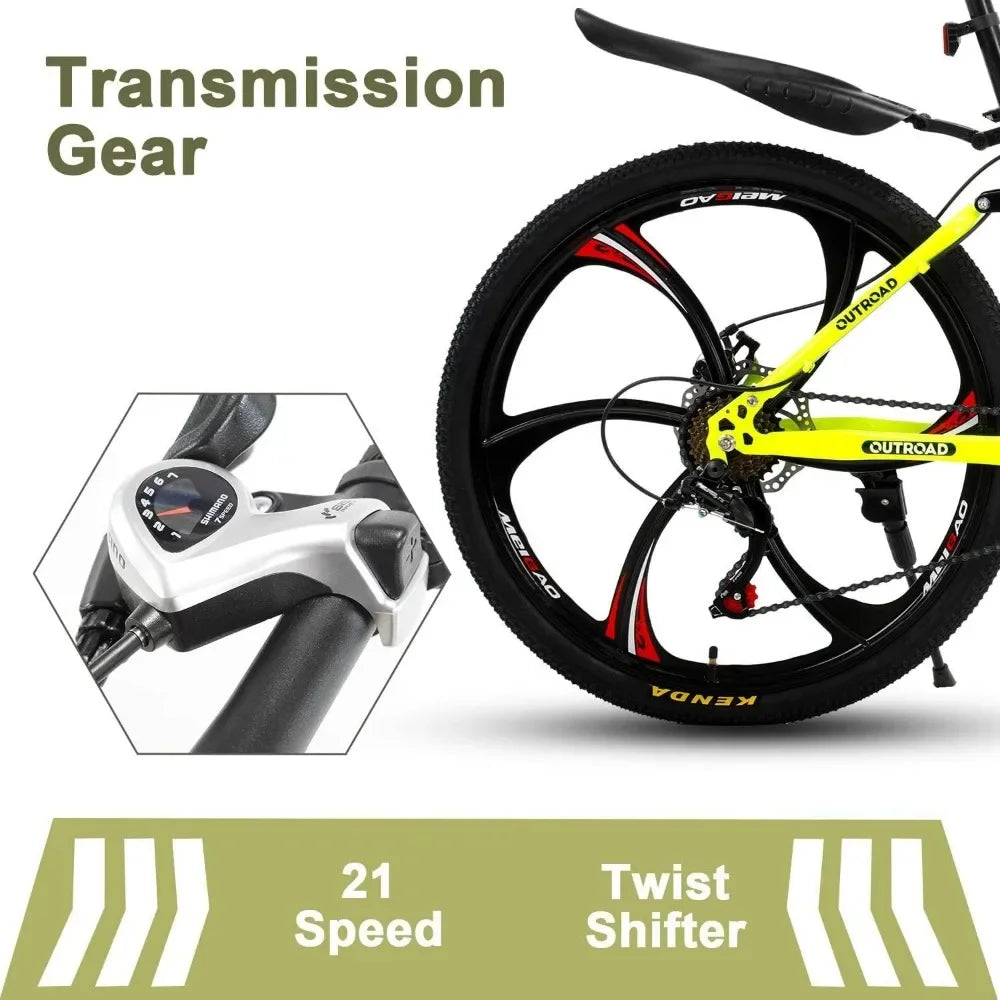 21-Speed Folding Mountain Bike, High Carbon Steel, Adult, 26-inch Durable Tires