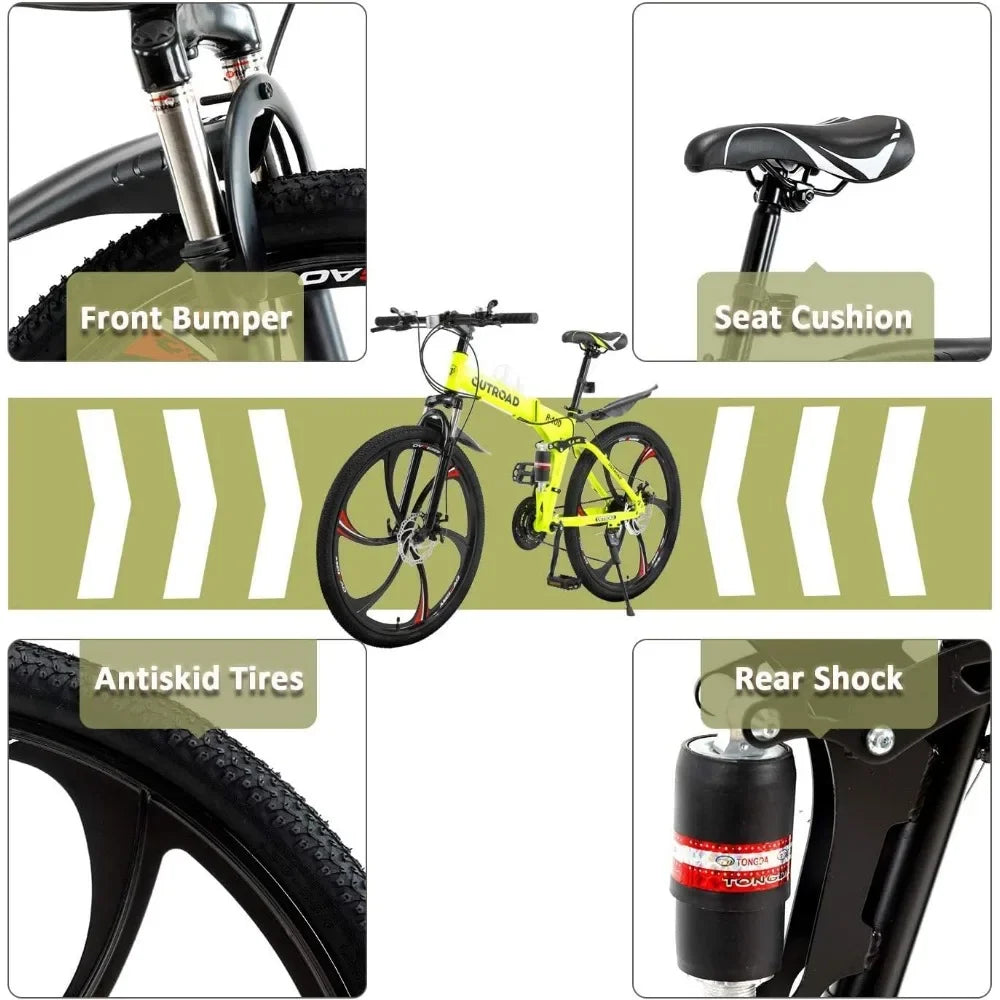 21-Speed Folding Mountain Bike, High Carbon Steel, Adult, 26-inch Durable Tires