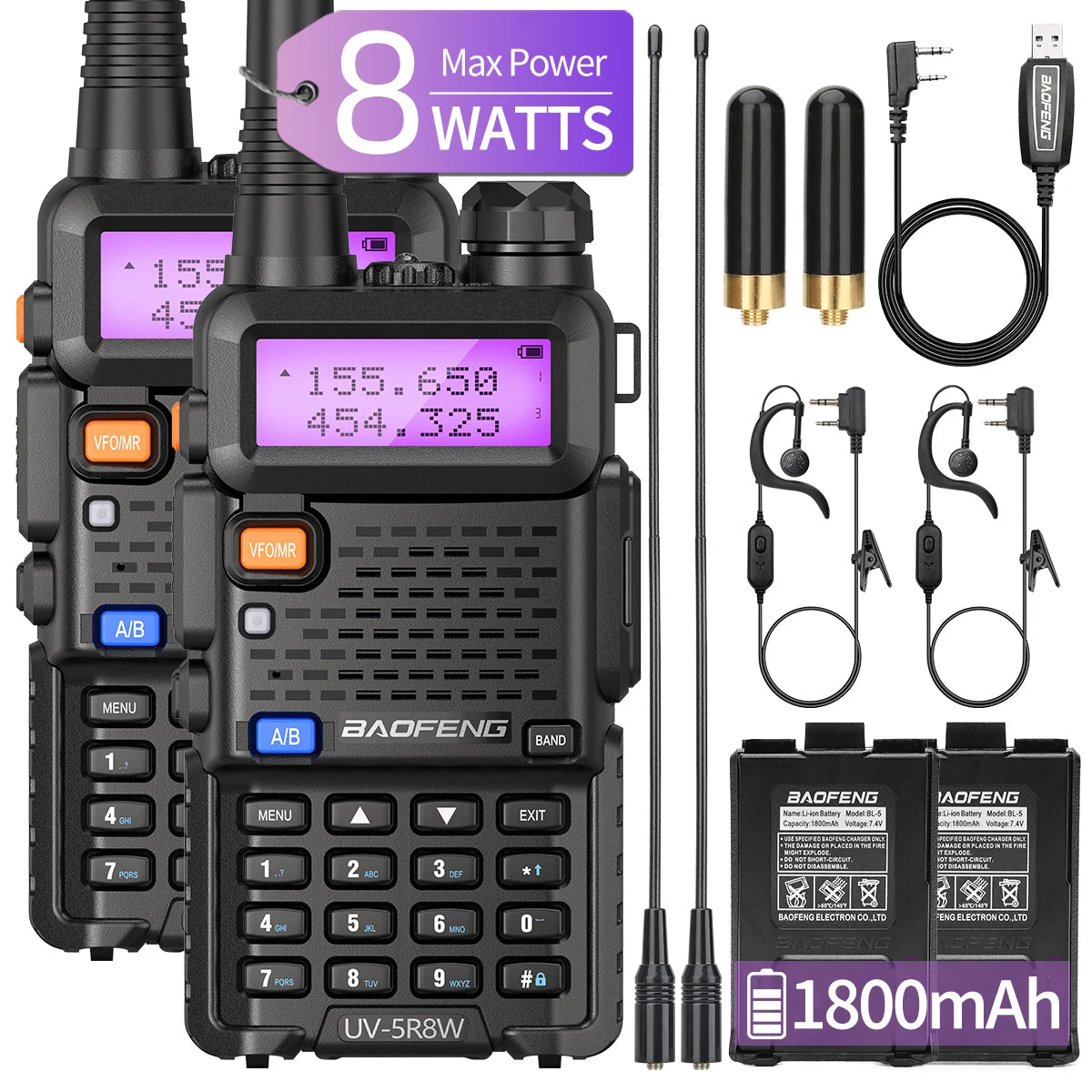 Dual Band UV-5R 8W Walkie Talkie Ham Radio VHF UHF Portable FM