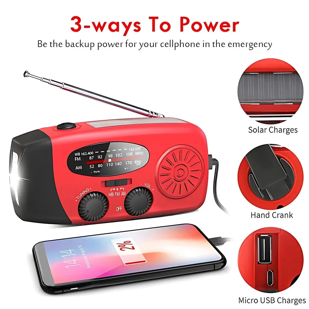 Solar Power Hand Crank FM AM Mergency Radio with LED Flashlight & SOS Alarm