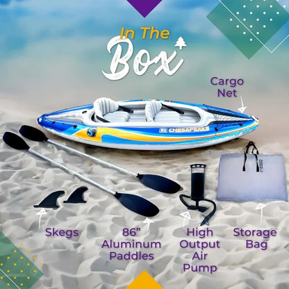 2-Person Inflatable Kayak with Aluminum Oars (136" x 33"), High Output Air Pump and Storage Bag, Tandem Kayak for Adults