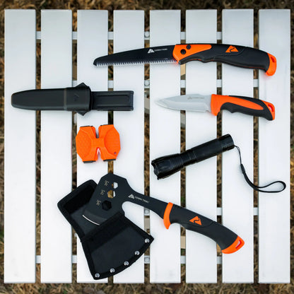 7-Piece Camping Tool Set with Hammer, Axe, Flashlight, and Knives, Batteries Included