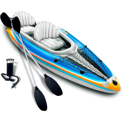 2-Person Inflatable Kayak with Aluminum Oars (136" x 33"), High Output Air Pump and Storage Bag, Tandem Kayak for Adults