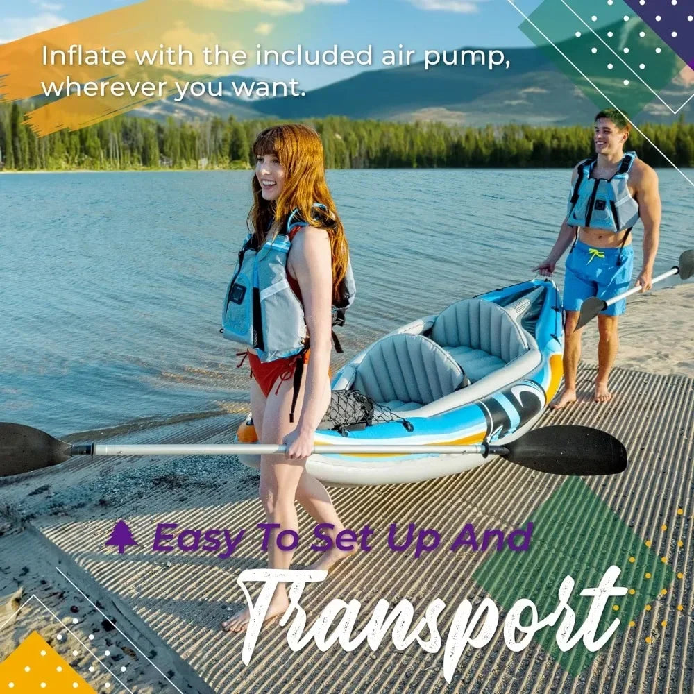 2-Person Inflatable Kayak with Aluminum Oars (136" x 33"), High Output Air Pump and Storage Bag, Tandem Kayak for Adults