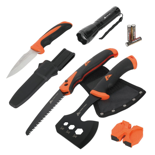7-Piece Camping Tool Set with Hammer, Axe, Flashlight, and Knives, Batteries Included